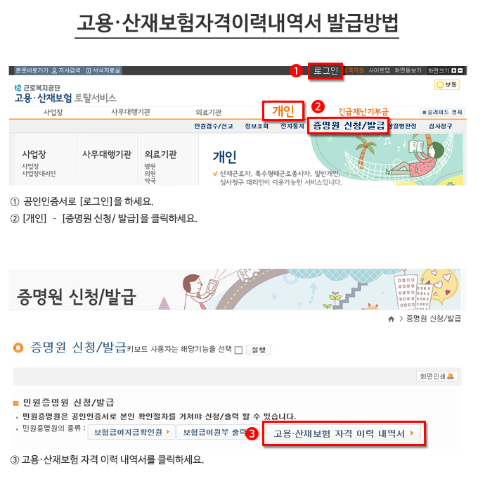 고용·산재보험자격이력내역서 발급방법